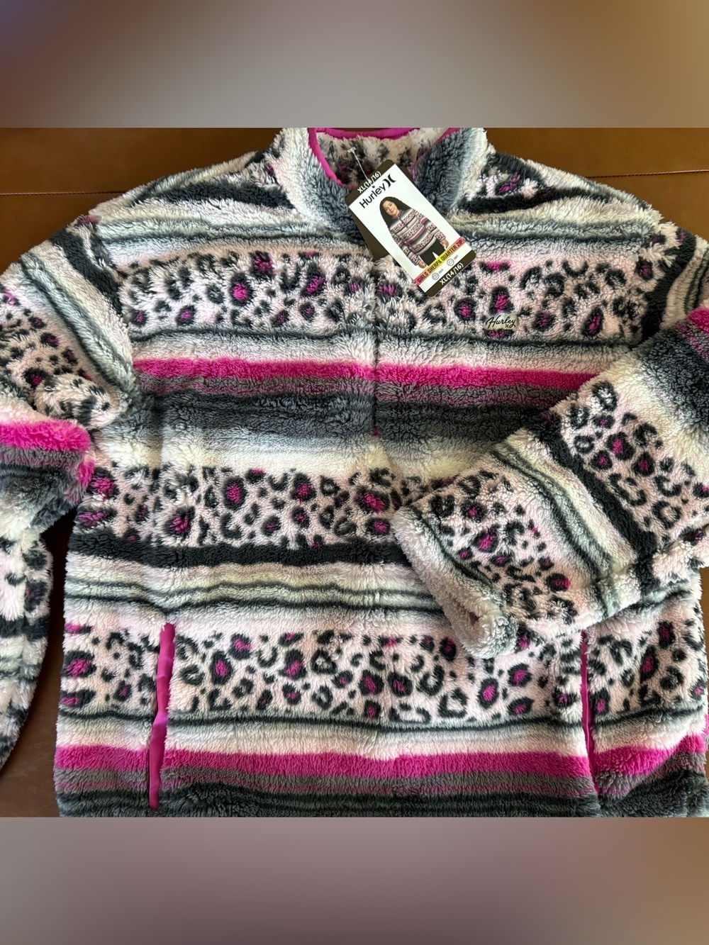 Hurley NWT Girls 14/16 Pink, Gray & White Plush Fleece Jacket for Kids